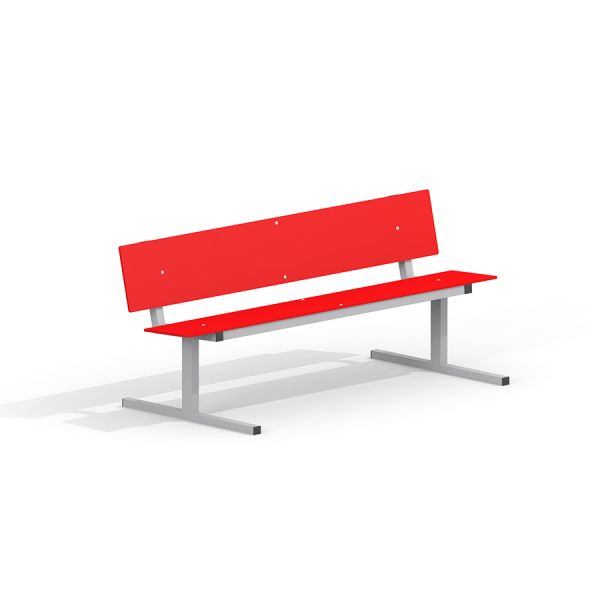 Red HPL Bench Freestanding with silver frame, suitable for outdoor parks and public spaces.