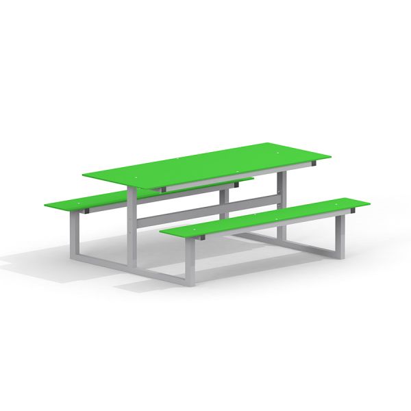 Green Table & Bench HPL, metal frame, isolated on white background.