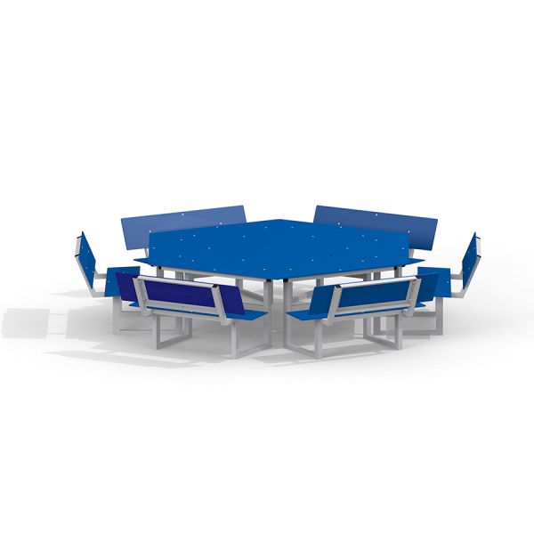Hexagonal blue picnic table with six attached benches, Table & Bench 6 Seats HPL.