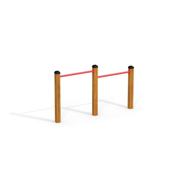 Somersault Double - double horizontal bars with wooden posts and red bars, playground equipment