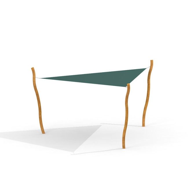 Sun Shade Triangle 5x5x5 Nature with wooden posts and green triangular canopy