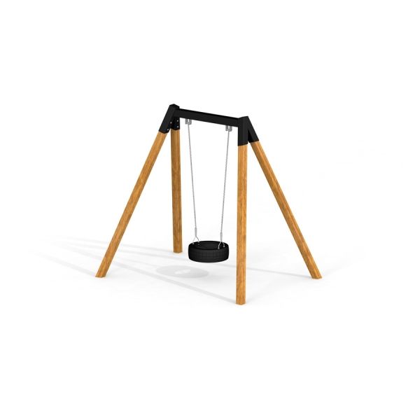 Single swing with a tire seat and wooden frame.