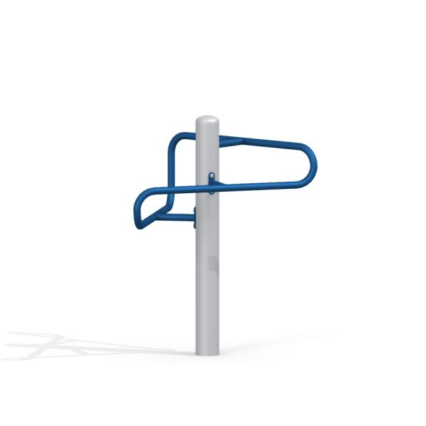 Outdoor fitness equipment Stretching Triangle with blue handles and white pole.