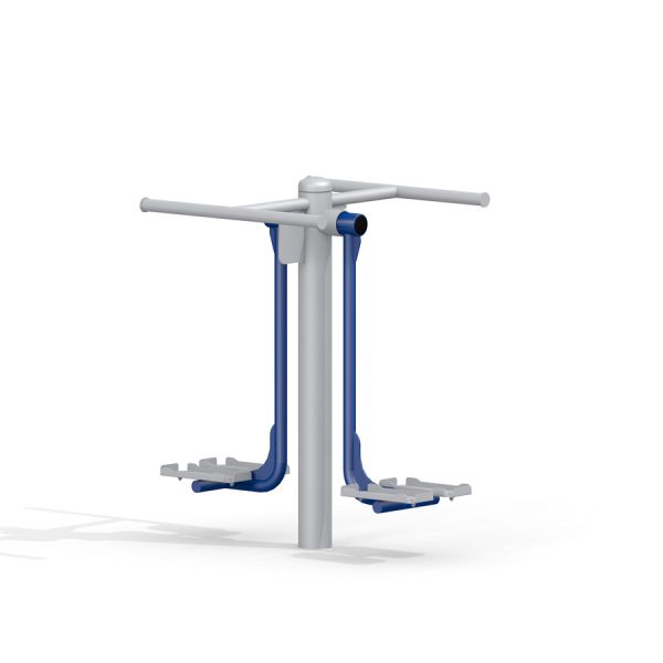 Double Ski Trainer for outdoor fitness, white and blue machine with two foot platforms and handlebar