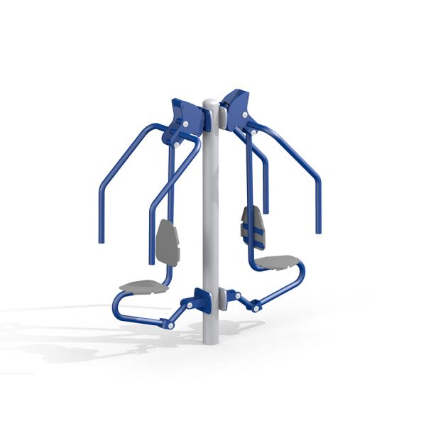 Outdoor exercise equipment Double Chest Press with two seats and blue handles.