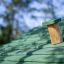 Green roof of Nill's Playhouse with a wooden chimney against a blurred natural background.