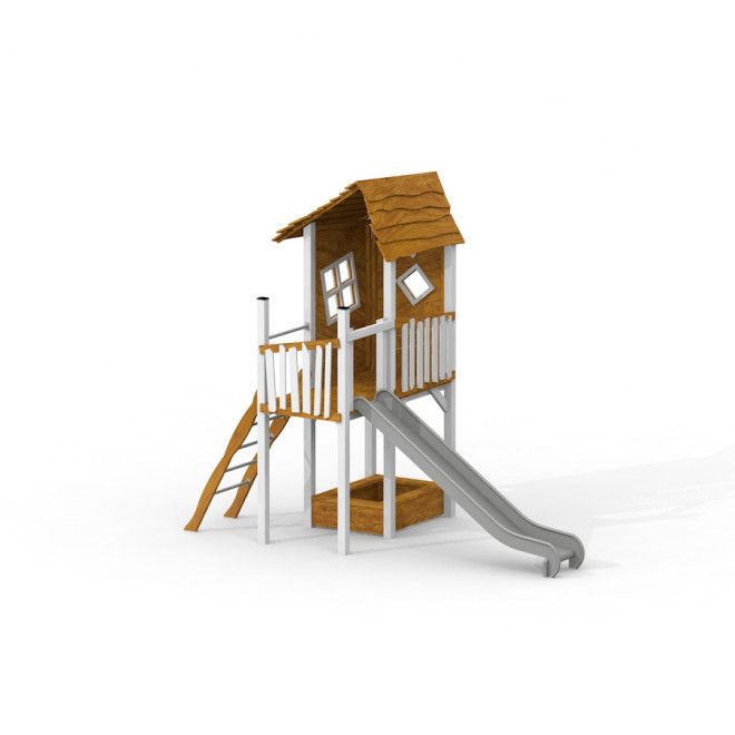 Lisa's Playhouse with slide playground structure made of wood and metal with stairs and a slide